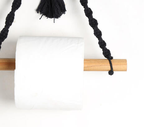 Cotton Macrame &amp; Wood Hanging Toilet Roll Holder