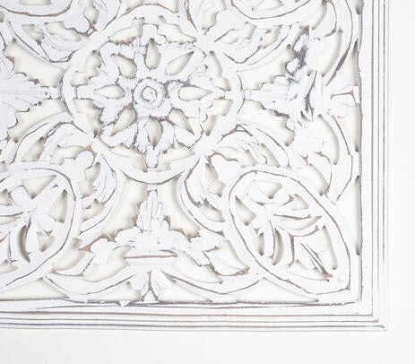 White medallion wall plaque with distressed finish – boho MDF wall decor for living room or bedroom