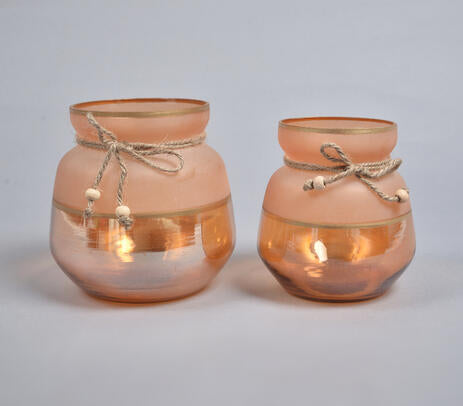 Toned Jute Ribbon Glass Votives – Handcrafted Candle Holder (Set of 2)