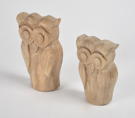 Hand-Carved Carved Wooden Owl Figurines (Set of 2)