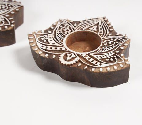 Hand Carved Wooden Lotus Tealight Holders (Set of 2)