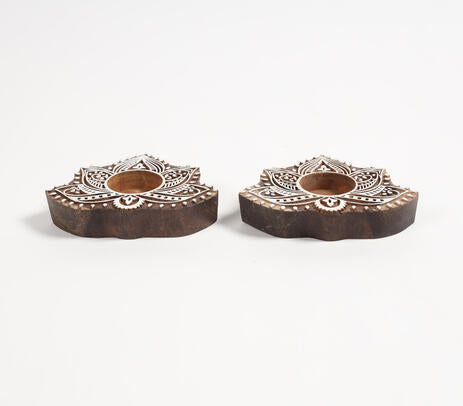 Hand Carved Wooden Lotus Tealight Holders (Set of 2)