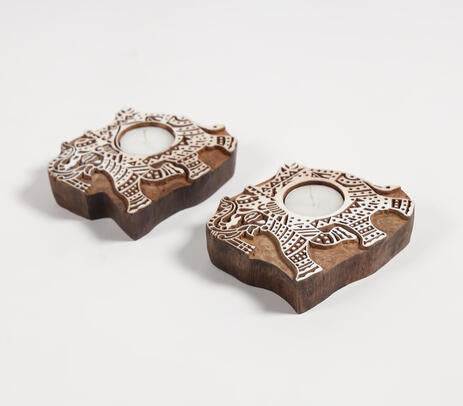 Hand Carved Wooden Elephant Tealight Holders (Set of 2)