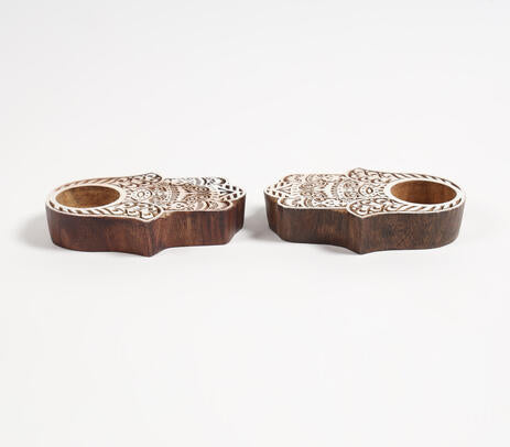 Hand Carved Wooden Hamsa Palm Tealight Holders (Set of 2)