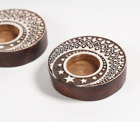 Hand Carved Wooden Moon Tealight Holders (Set of 2)