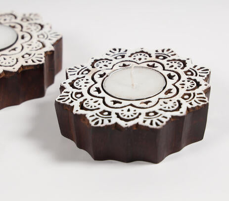 Hand Carved Wooden Mandala Tealight Holders (Set of 2)