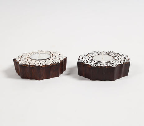 Hand Carved Wooden Mandala Tealight Holders (Set of 2)
