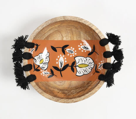 Enamelled Floral Tasseled Wooden Serving Bowl