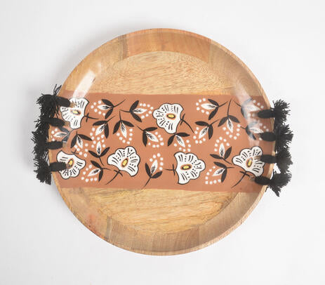 Floral Tasseled Mango Wood Plate – Handcrafted Decorative Wood Dish