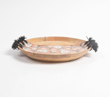 Floral Tasseled Mango Wood Plate – Handcrafted Decorative Wood Dish