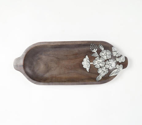 Hand Painted Mango Wood Floral-Sketch Elongated Platter