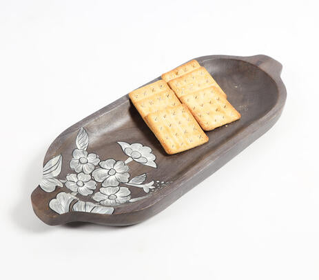 Hand Painted Mango Wood Floral-Sketch Elongated Platter