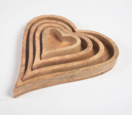 Heart-Shaped Mango Wood Trays – Nesting Set of 4