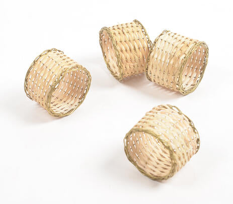 Eco-Friendly Handwoven Cane &amp; Brass Napkin Ring (Set of 4)