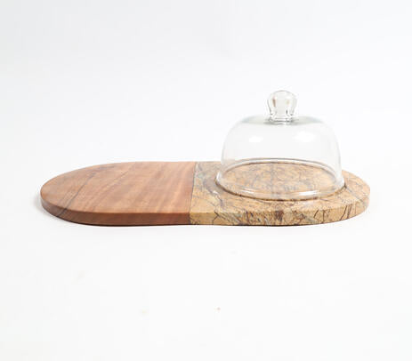 Marble & Wood Capsule-Shaped Cake Platter With Glass Dome