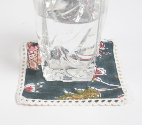 Block Printed Midnight Floral Cotton Coasters with Lace Trims (set of 6)