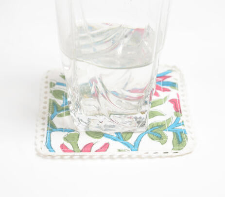 Block Printed Botanical Coasters – Handcrafted Cotton Set of 6