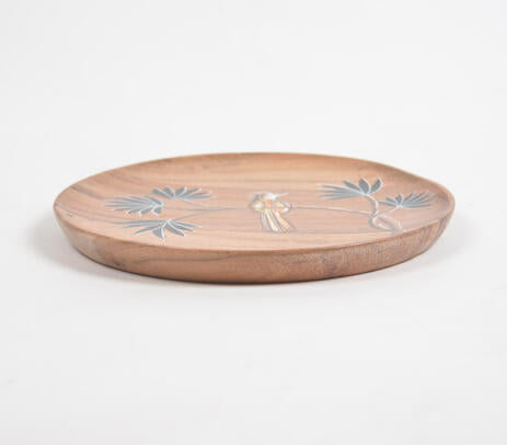 Enamelled Acacia Wood &#39;Bird on a Branch&#39; Plate (Small)