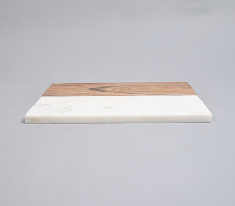 Hand Cut Acacia Wood &amp; White Marble Colorblock Chopping Board