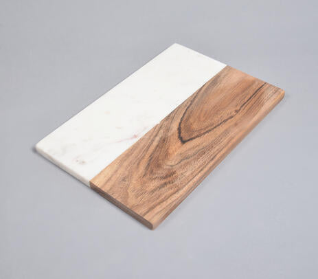 Hand Cut Acacia Wood &amp; White Marble Colorblock Chopping Board