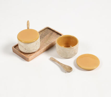 Set of Condiment Ceramic Bowls With Wooden Spoons