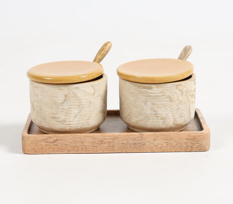 Set of Condiment Ceramic Bowls With Wooden Spoons