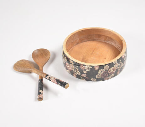 Vintage Rose Salad Bowl with Servers set – Hand-Carved