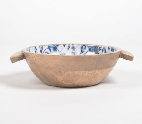 Enamelled Floral Turned Wooden Salad bowl &amp; server