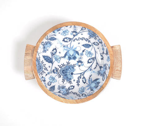 Enamelled Floral Turned Wooden Salad bowl &amp; server