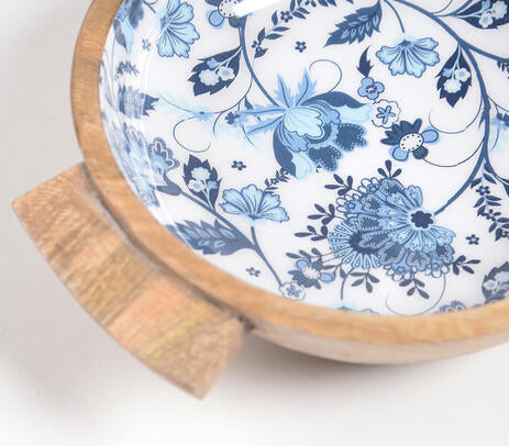 Enamelled Floral Turned Wooden Salad bowl &amp; server