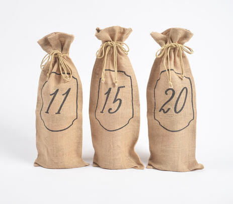 Numeric Drawstring Jute Wine Bags (Set of 3)
