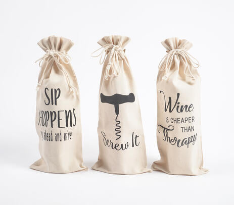 Typographic Canvas Wine Bags – Eco-Friendly Set of 3