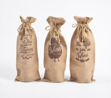 Typographic Drawstring Jute Wine Bags (Set of 3)