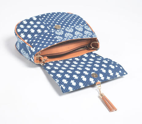 Floral Indigo Printed Handbag with Tassel