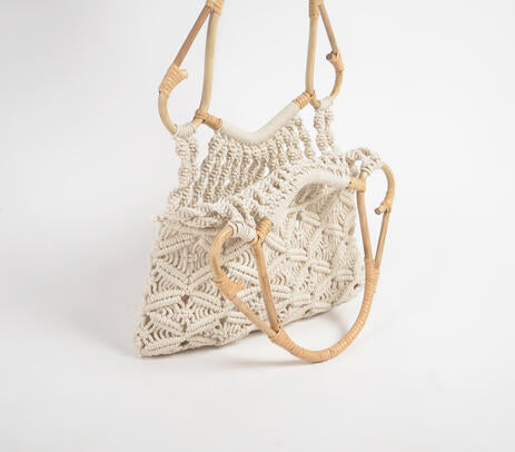 Boho Macrame Cotton Handbag with cane handles