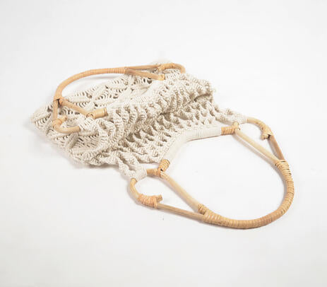 Boho Macrame Cotton Handbag with cane handles