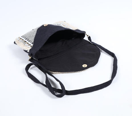 Metallic Embellished &amp; Fringed Black Jute Sling Bag