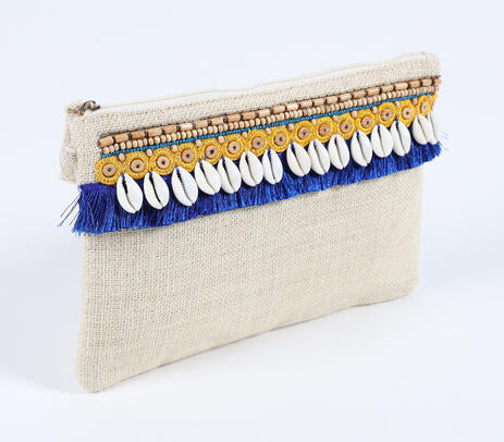 Beads &amp; Fringes Embellished Jute Pouch
