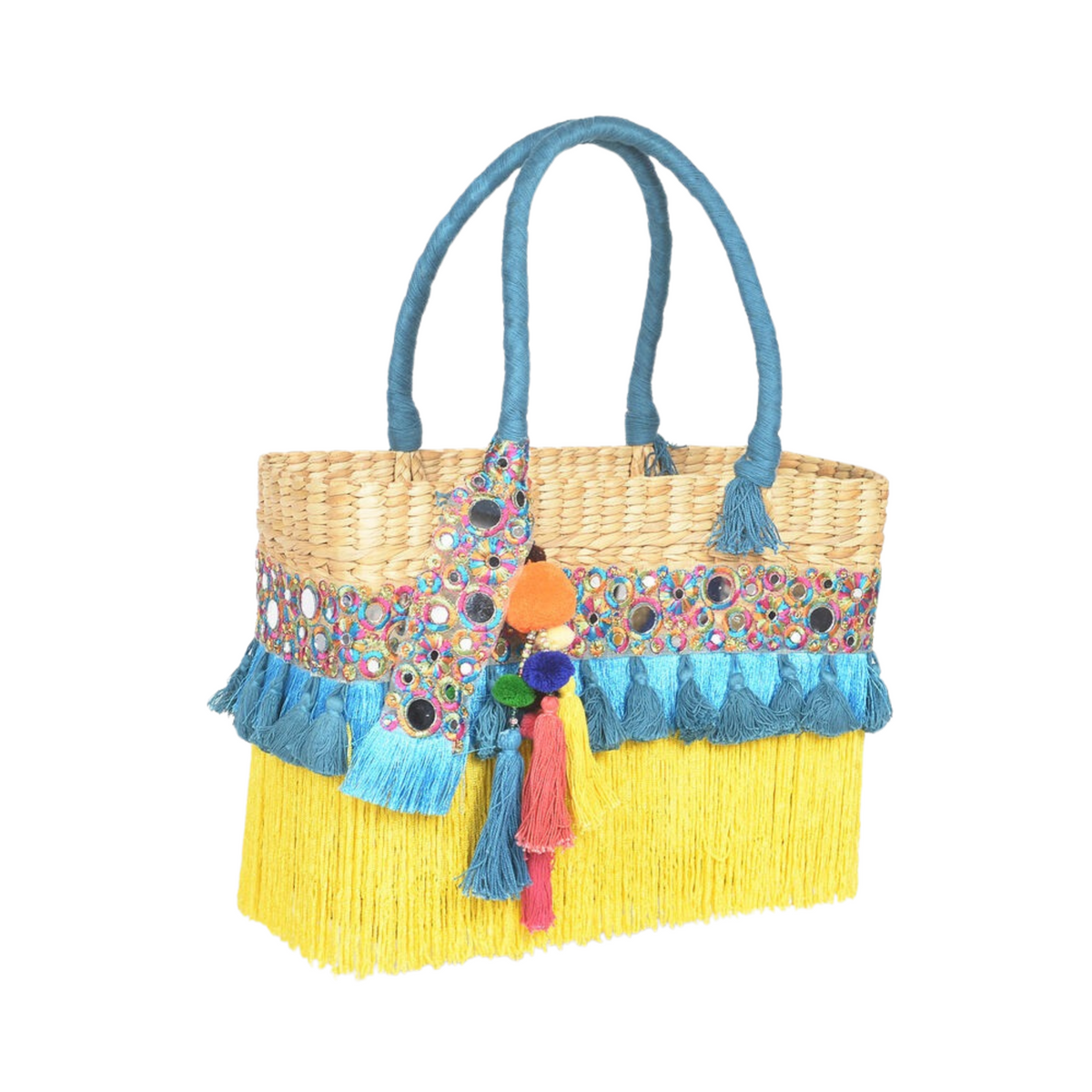Tasseled Basket Woven Cane Yellow Handbag