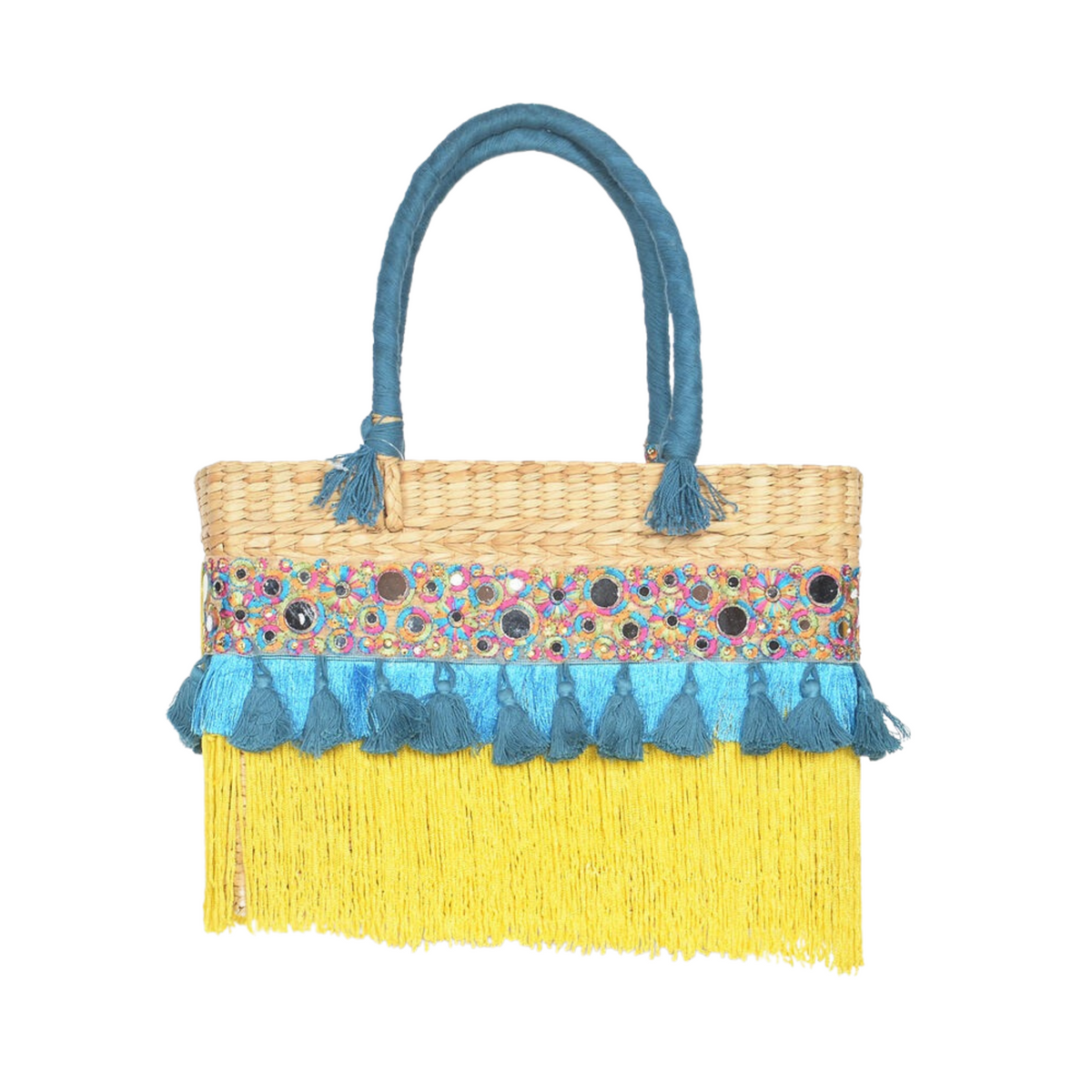 Tasseled Basket Woven Cane Yellow Handbag