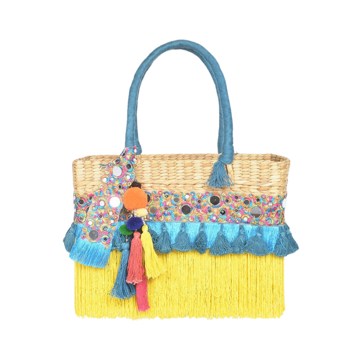Tasseled Basket Woven Cane Yellow Handbag
