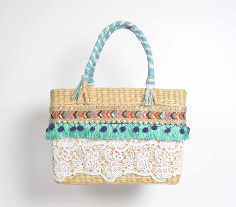 Lace Work Basket Woven Cane Turquoise Handbag