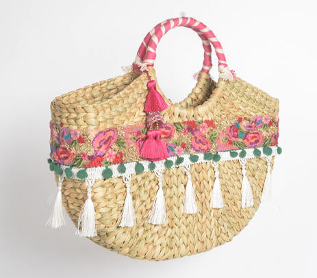 Floral Basket Woven Handbag – Cane Moon Bag for Women