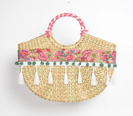 Floral Basket Woven Handbag – Cane Moon Bag for Women