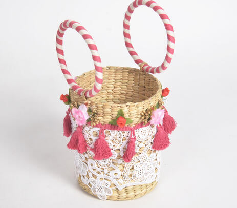 Floral Lace Tasseled Woven Bucket Bag