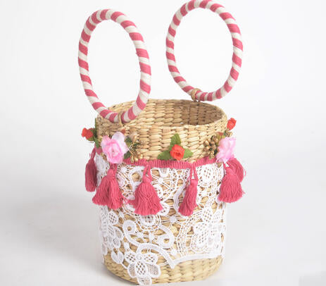 Floral Lace Tasseled Basket Woven Cane Bucket Bag