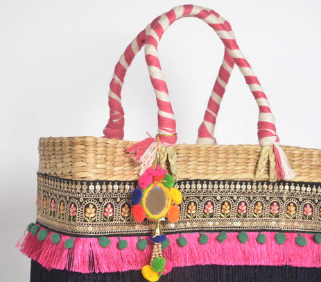 Fringed Black & Hot Pink Basket Woven Cane Handbag