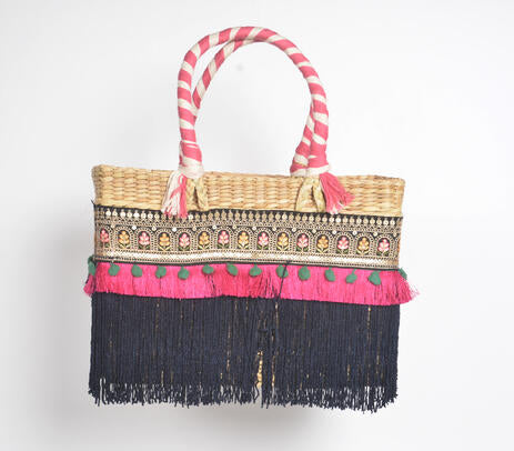 Fringed Black & Hot Pink Basket Woven Cane Handbag