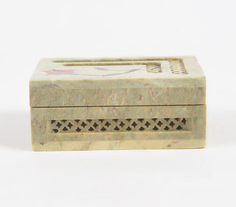 Inlaid Semi-Precious Stone &amp; Lattice Cut Soapstone Jewelry Box