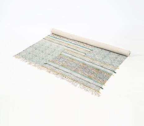 Hand Embroidered &amp; Block Printed Cotton Maximal Fringed Rug